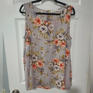 Rose + Olive Purple Floral Scoop Neck Sleeveless Blouse in Size 1X